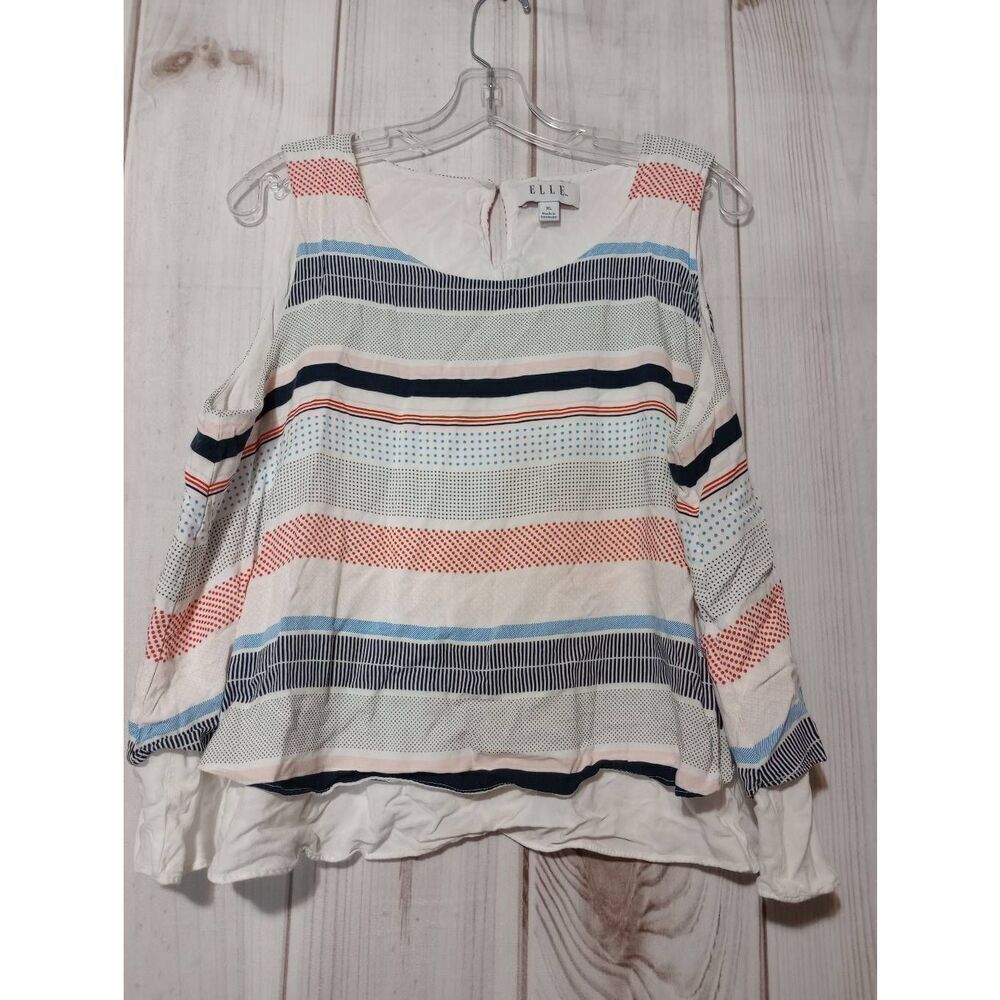 Elle Womens XL Cold Shoulder Blouse‎ Multi-Color Striped Polka Dot Rayon Top